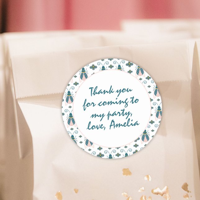 Pastel Pink Bugs Flower Girl Birthday Thank you Classic Round Sticker (Creator Uploaded)
