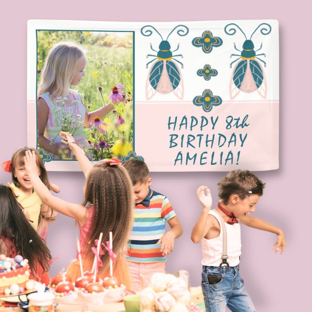 Pastel Pink Bugs Flower Girl Photo Birthday  Banner (Creator Uploaded)