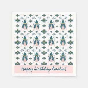 Pastel Pink Bugs Flower Pattern Birthday Napkin