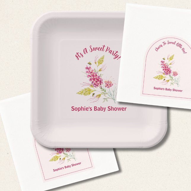 Pastel Pink Bumble Bee Hot Pink Florals Paper Plate (Creator Uploaded)