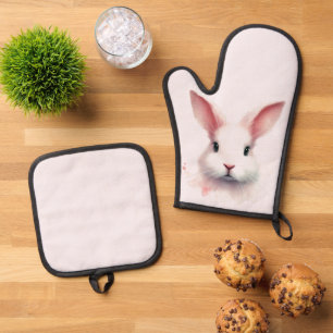 Pastel Pink Bunny Face Oven Mitt & Pot Holder Set