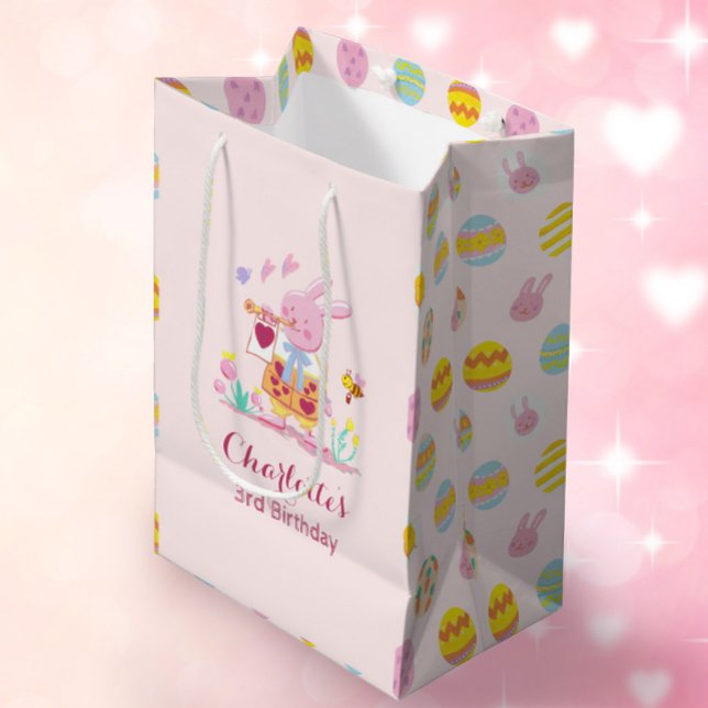 Pastel Pink Bunny Garden Egg Pattern Kids Birthday Medium Gift Bag (Creator Uploaded)