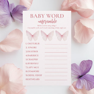 "Pastel Pink Butterfly Baby Shower Word Unscramble Flyer