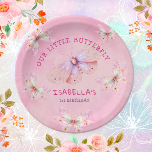 Pastel Pink Butterfly Theme Girl's 1st Birthday  Paper Plate