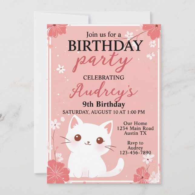 Pastel Pink Cat Any Age Girl Birthday Invitation (Front)