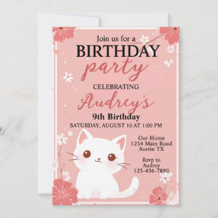 Pastel Pink Cat Any Age Girl Birthday Invitation