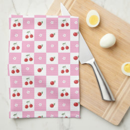 Pastel Pink Check Pattern Cherries Kitchen Towels