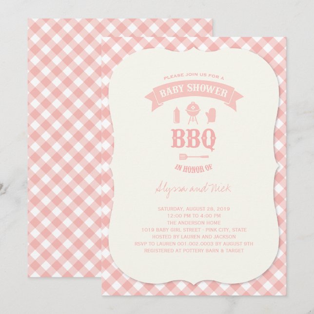 Pastel Pink Checks BBQ Chic Girl Baby Shower Party Invitation (Front/Back)