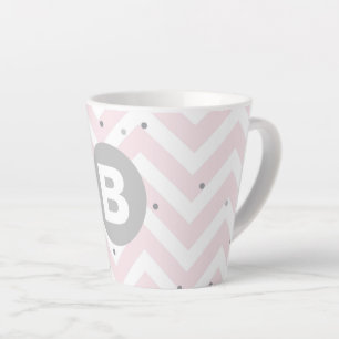 Pastel Pink Chevron and Dots Grey Monogram Latte Mug
