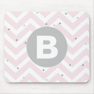Pastel Pink Chevron and Dots Grey Monogram Mouse Pad