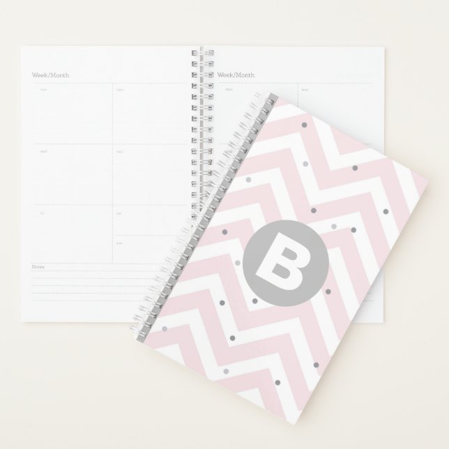 Pastel Pink Chevron and Dots Grey Monogram Planner (Display)