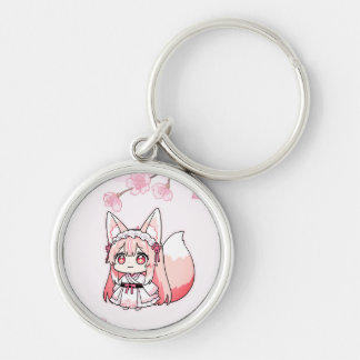 Pastel Pink Chibi FoxGirl with Cherry blossom Key Ring