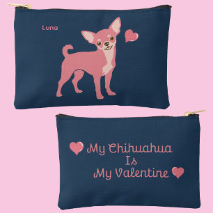 Pastel Pink Chihuahua Valentine Pouch, Custom Name Accessory Pouch