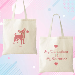 Pastel Pink Chihuahua Valentine Tote, Custom Name Tote Bag