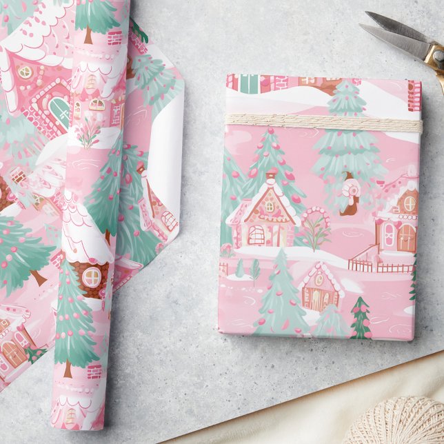 Pastel Pink Christmas Gingerbread Houses Wrapping Paper (Creator Uploaded)