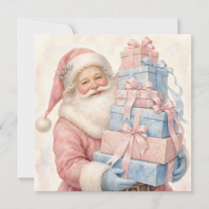 Pastel Pink Christmas Santa Claus with Gifts  Holiday Card