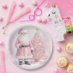 Pastel Pink Christmas Santa Paper Plate