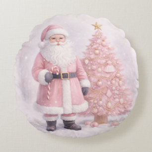 Pastel Pink Christmas Santa  Round Cushion