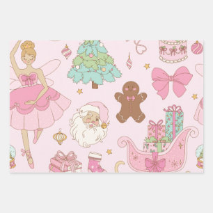 Pastel Pink Christmas Trees Bows Holiday Wrapping Paper Sheet