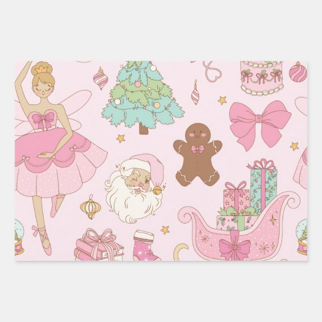 Pastel Pink Christmas Trees Bows Holiday  Wrapping Paper Sheet (Front)