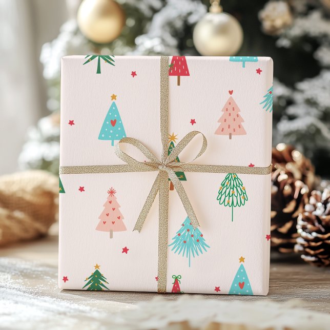 Pastel Pink Christmas Trees Whimsical Holiday Wrapping Paper (Creator Uploaded)