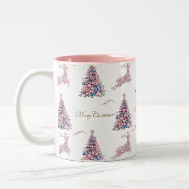 Pastel Pink Christmas Two-Tone Coffee Mug (Left)