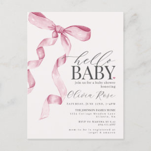 Pastel Pink Coquette Bow Girl Baby Shower Invite Postcard