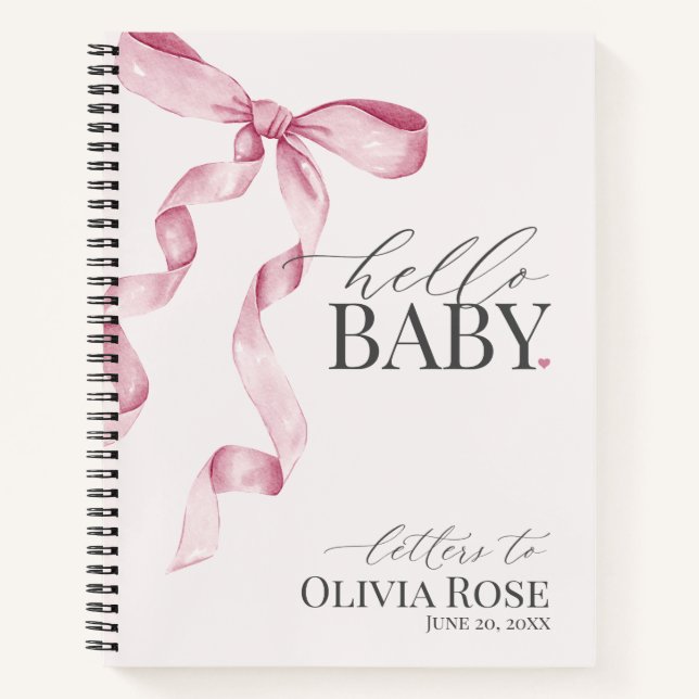 Pastel Pink Coquette Bow Girl Baby Shower Letters Notebook (Front)