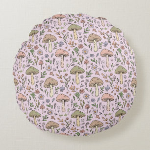 Pastel Pink Cottagecore Fungi Seamless Pattern Round Cushion