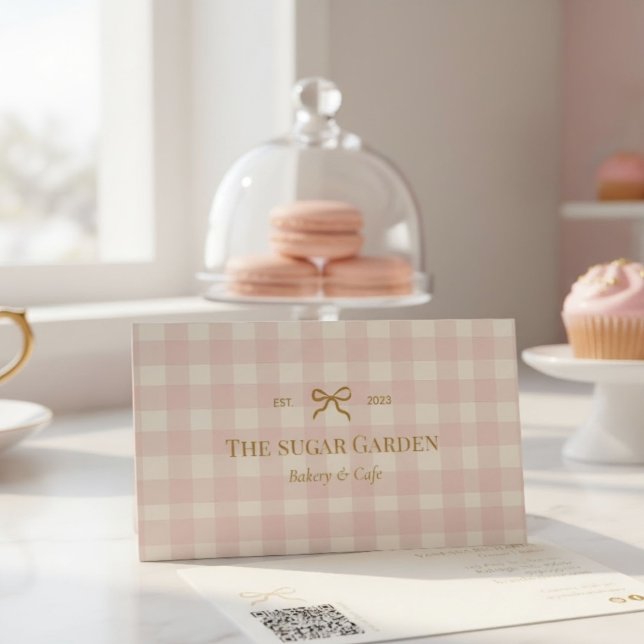 Pastel Pink Cream Gingham QR Code Bakery Business Card (Creator Uploaded)