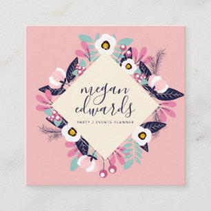 Pastel pink cream script boho floral illustration square business card