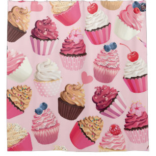 Pastel Pink Cupcakes: Vintage Pattern. Shower Curtain