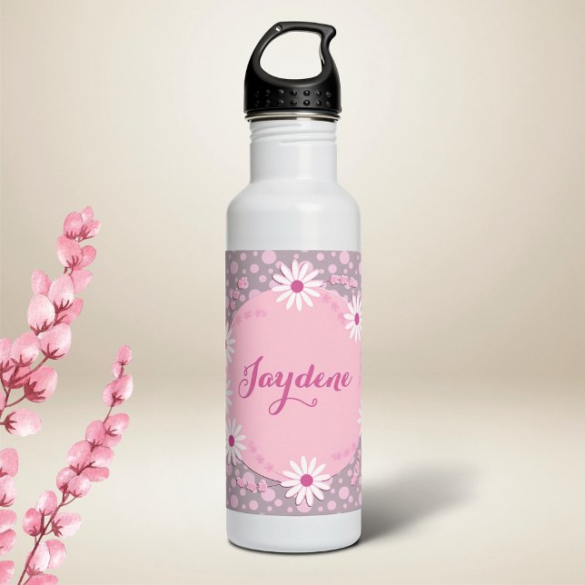 Pastel Pink Custom Daisy 710 Ml Water Bottle (Pretty water bottle for spring. Daisies and dots for a fun mix. Feminine, cute and practical.)