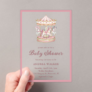 Pastel Pink Cute Carousel Girl Baby Shower Acrylic Invitations