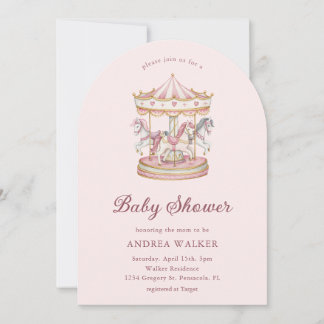 Pastel Pink Cute Carousel Girl Baby Shower Arch Invitation