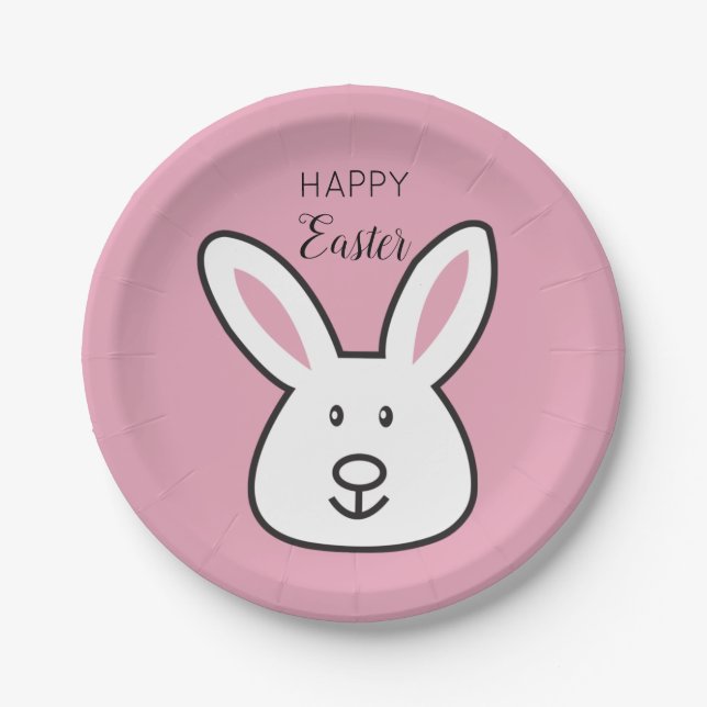 Pastel Pink Cute Easter Bunny Illustration Paper Plate (Front)