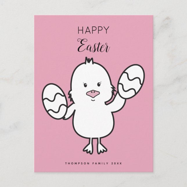 Pastel Pink Cute Easter Chick & Eggs Illustration  Holiday Postcard (Front)