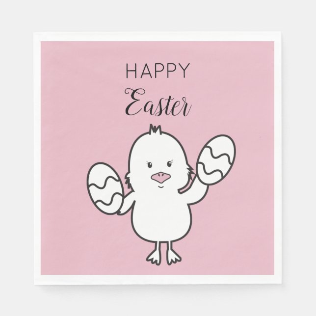 Pastel Pink Cute Easter Chick & Eggs Illustration Napkin (Front)