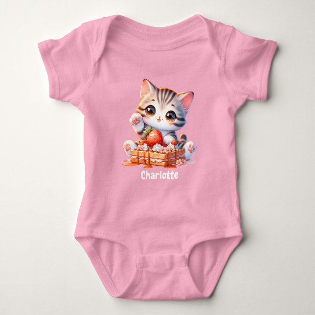 Pastel Pink Cute Kitten Cat with Dessert Waffles Baby Bodysuit (Front)