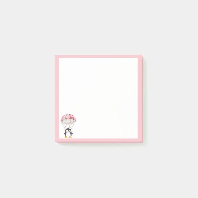Pastel Pink Cute Penguin Parachute Post-It Notes (Front)