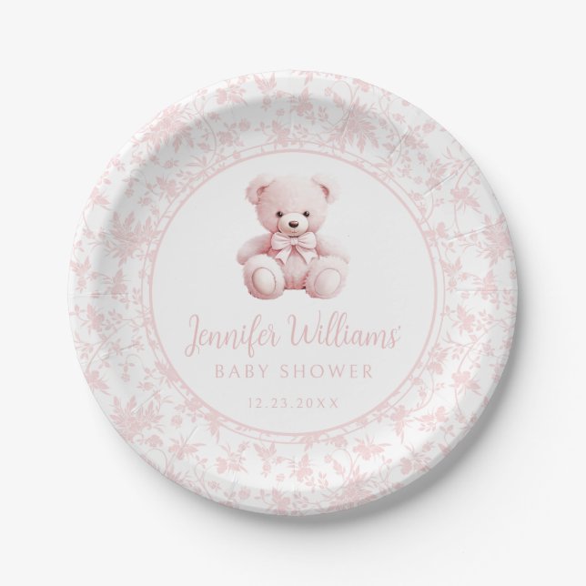 Pastel pink cute teddy bear baby girl shower paper plate (Front)