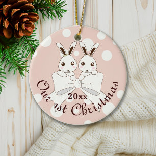 Pastel Pink Cute Twin Bunny Christmas Ceramic Tree Decoration