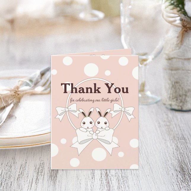 Pastel Pink Cute Twin Bunny Thank You Card (Creator Uploaded)
