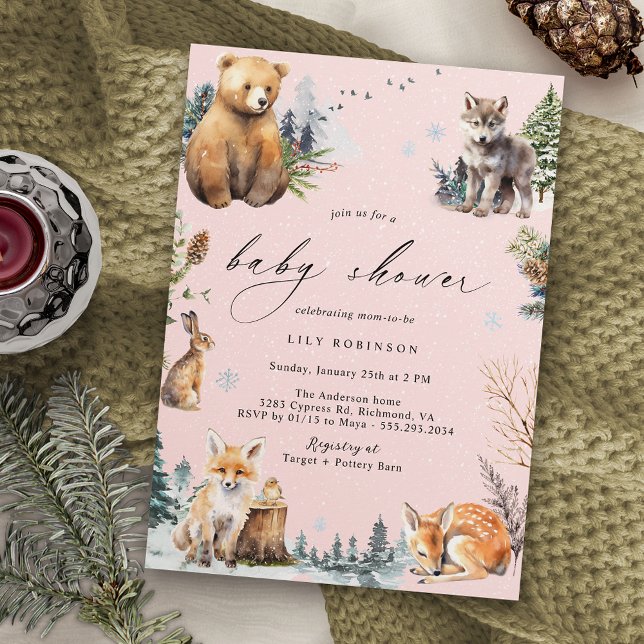 Pastel Pink | Cute Winter Forest Girl Baby Shower Invitation (Creator Uploaded)