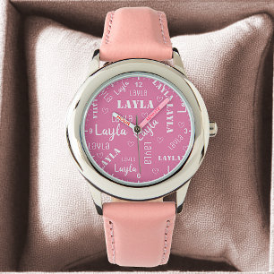 Pastel Pink Cute Word Art Personalised Name Girls Watch