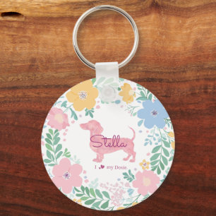 Pastel Pink Dachshund Name & Photo with Wreath Key Ring