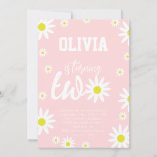 Pastel Pink Daisy 2nd Birthday Party Boho White Invitation
