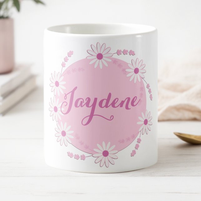 Pastel Pink Daisy Wreath Magic Mug (Cute pink wreath made of daisies in shades of blue with a touch of dark pink. Put your name on it.)