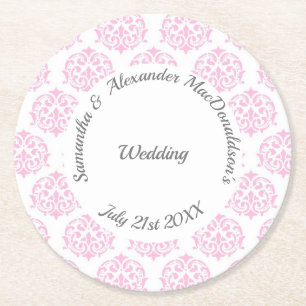 Pastel pink damask wedding round paper coaster