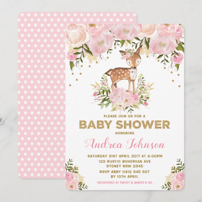 Pastel Pink Deer Baby Girl Shower Watercolor Peony Invitation (Front/Back)